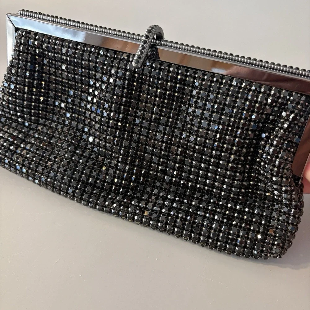 NEW Natasha Crystal Evening Purse Clutch Black Convertible Prong Set Stones